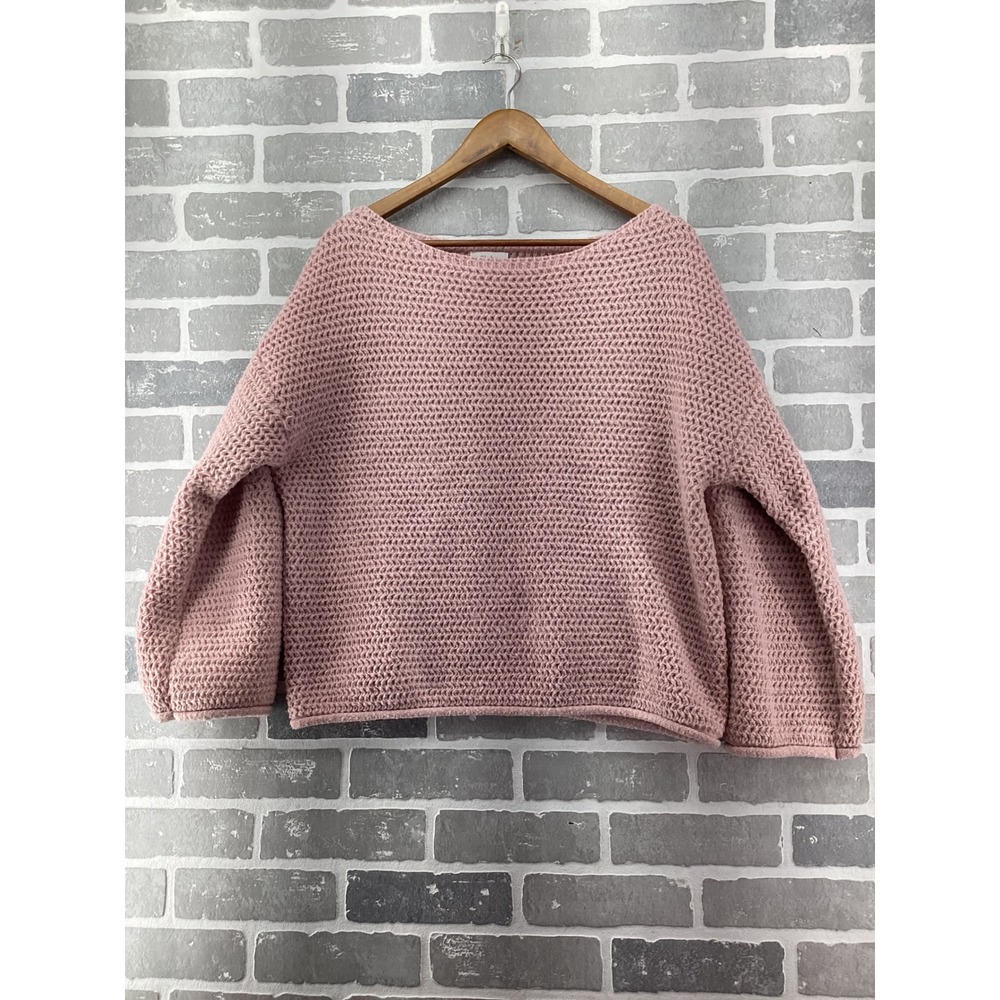 Bluivy Pink Crochet Knit Boat Neck Oversized Lantern Sleeve Sweater M/L